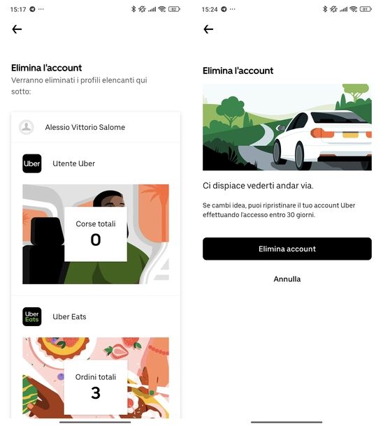 Eliminare account Uber app