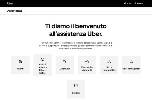 Pagina Assistenza sito Uber