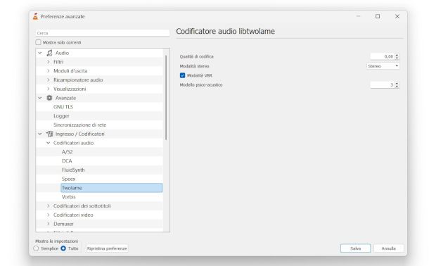 schermata VLC attivazione VBR