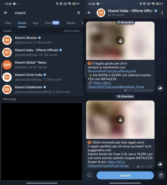 Cercare canali su Telegram Android