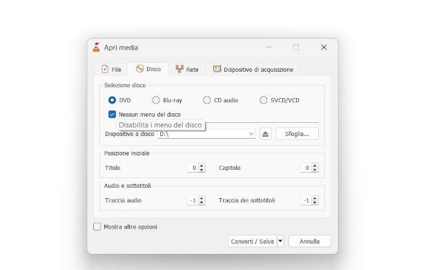 finestra impostazione conversione VLC