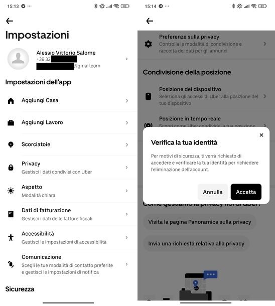 Eliminare account Uber app