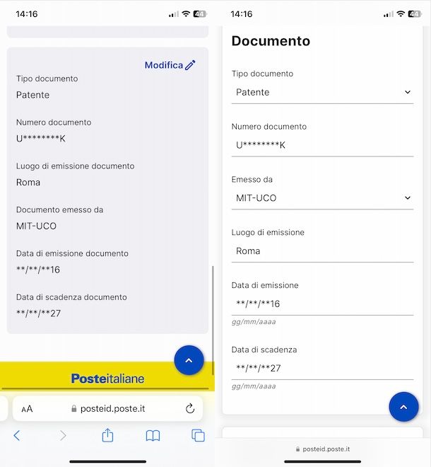 Aggiornare documento SPID Poste da app