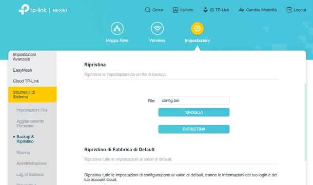 Ripristinare backup range extender TP-Link