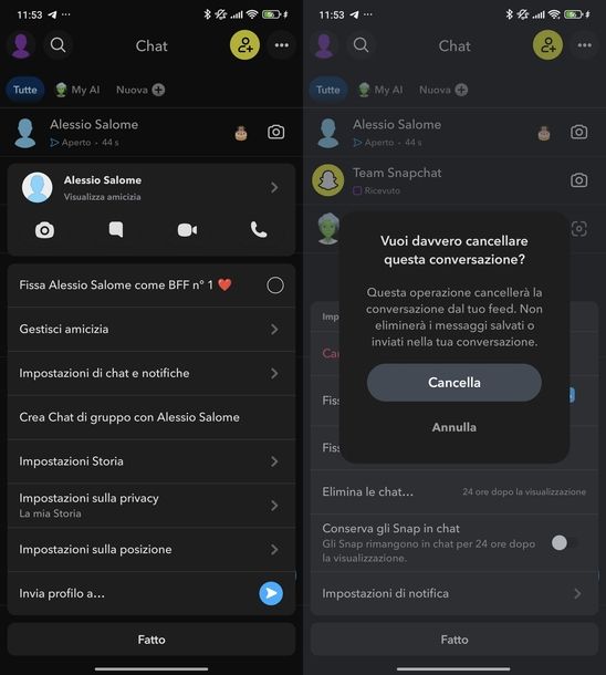 Eliminare chat Snapchat Android