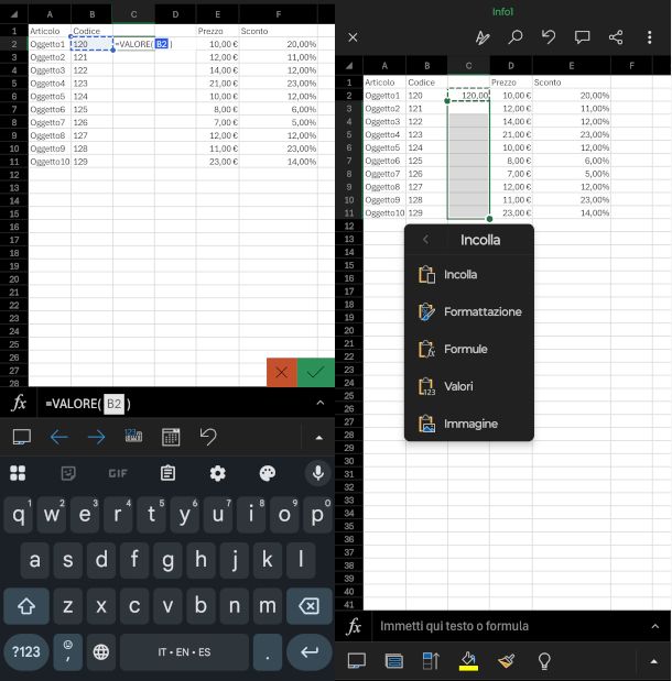 utilizzo formula valore in app Excel