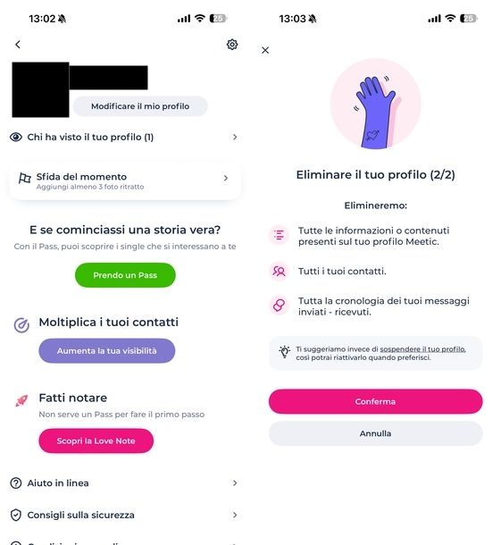 Cancellare account Meetic iOS