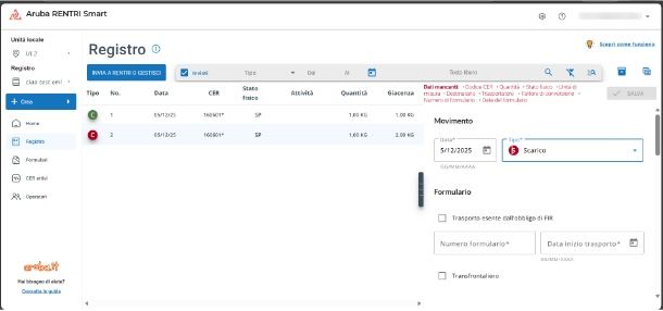 Invio di un movimento di carico e scarico