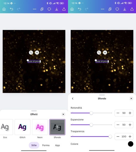 Mettere sfondo al testo Canva Android