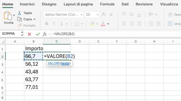 funzione Valore su Excel