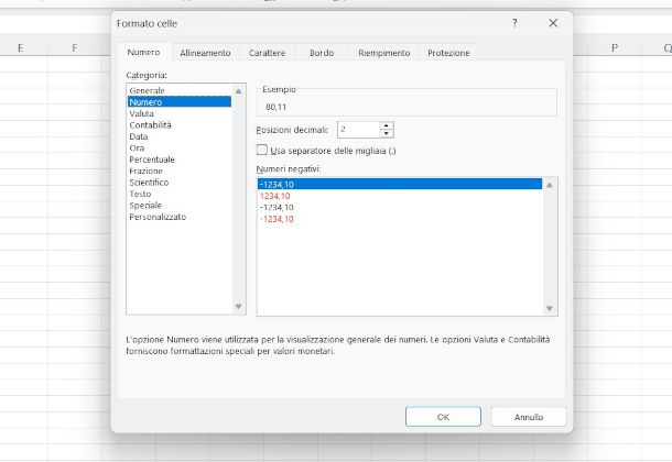 finestra formato celle Excel