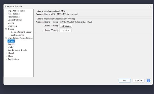installazione ffmpeg per Audacity