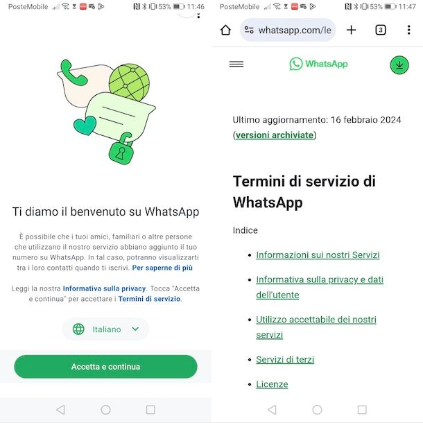 Accettare termini di servizio WhatsApp