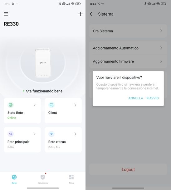 Riavviare range extender TP-Link app