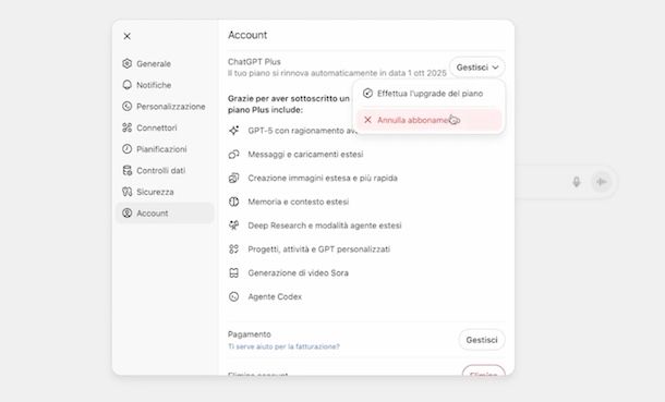 Disdire abbonamento ChatGPT Plus