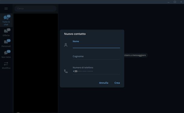 Cercare persona su Telegram aggiungere manualmente numero Windows