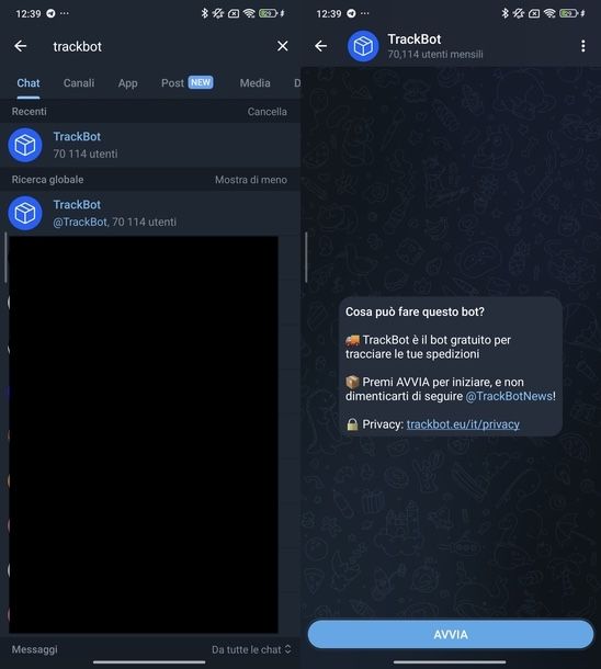 Cercare bot su Telegram Android