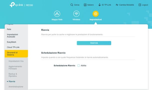 Riavviare range extender TP-Link Web