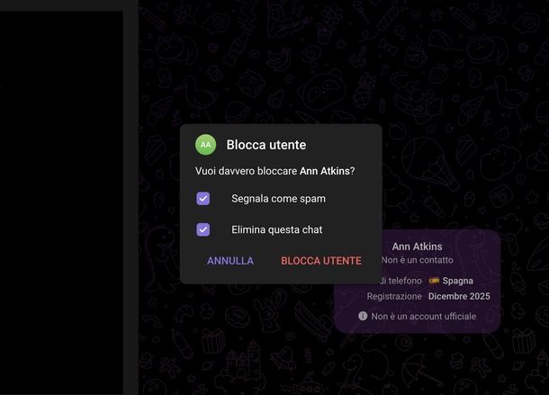 Segnalare persona Telegram Web