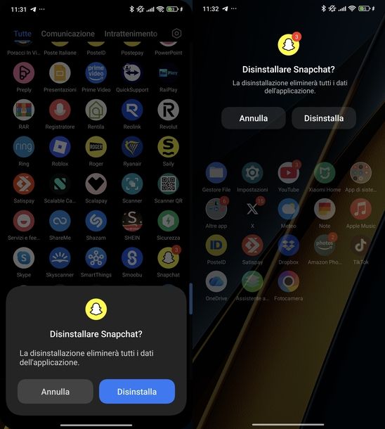 Eliminare app Snapchat Android
