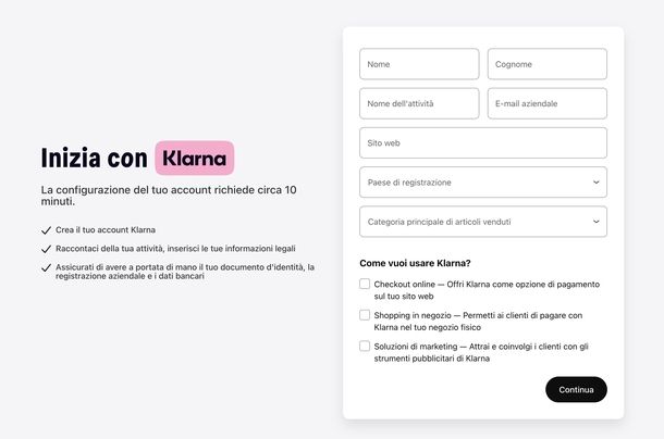 Registrare account Klarna For Business