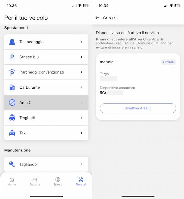 Disattivare Area C UnipolMove