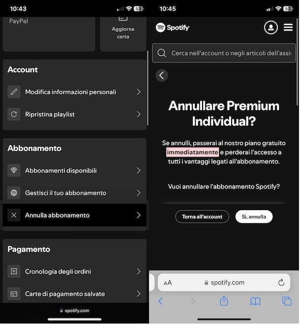 Annullare abbonamento Spotify iPhone