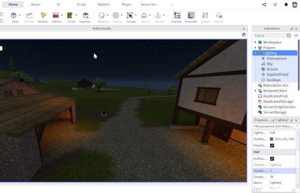 impostazione cielo notturno su Roblox Studio