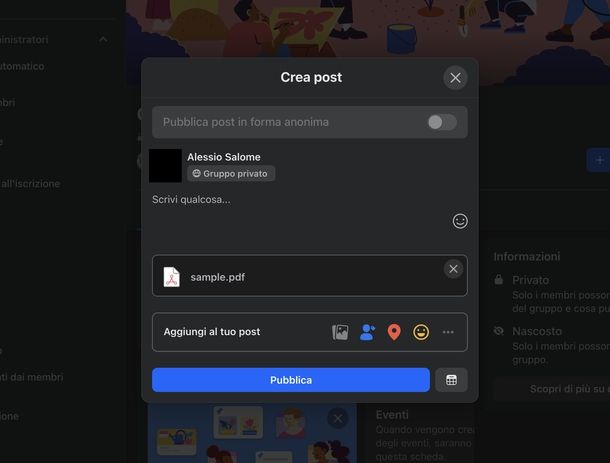 Caricare PDF gruppo Facebook Web