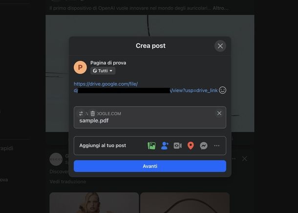 Caricare PDF pagina Facebook