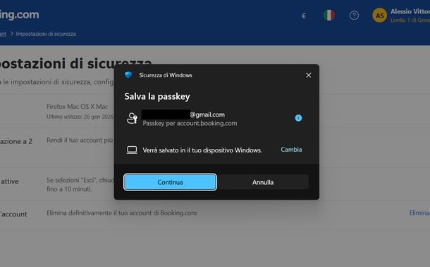 Impostare passkey Booking Windows