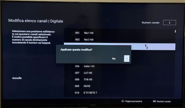 Spostamento manuale del canale TV Sony