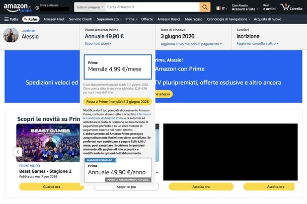 Passare al piano mensile Amazon Prime