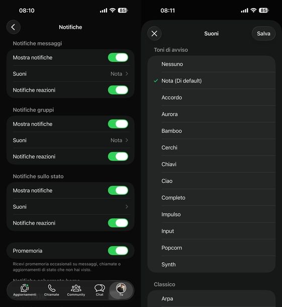 Cambiare suoneria messaggi WhatsApp iPhone