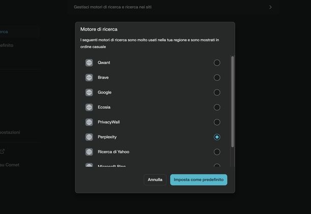 Cambiare motore di ricerca Comet