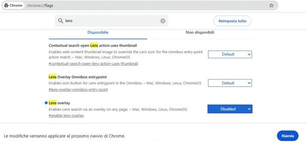 disattivare Google Lens PC flag