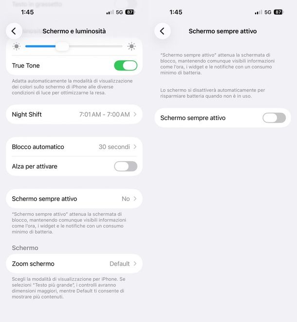 Disattivare schermo sempre acceso iPhone 17