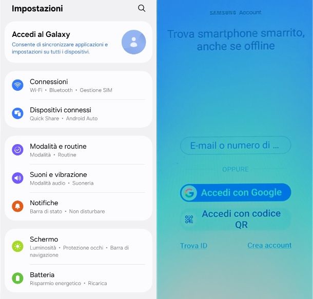 accedere account Samsung telefono