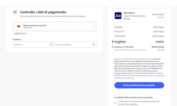 acquisto After Effects in prova gratuita da sito Adobe