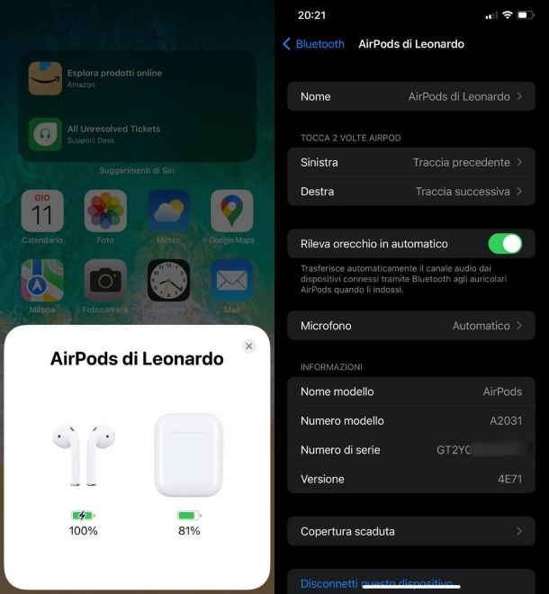 schermata iPhone impostazioni AirPods