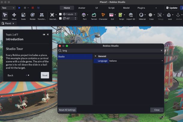 impostazione lingua italiana su Roblox Studio