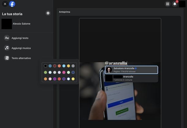 Menzionare sulla Storia Facebook Web