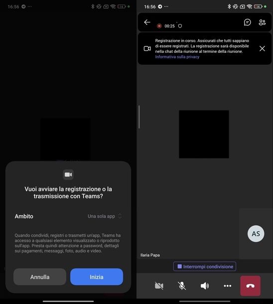 Registrare schermo su Microsoft Teams Android