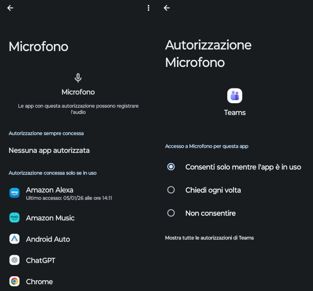 sezione dei permessi per accesso al microfono app Android