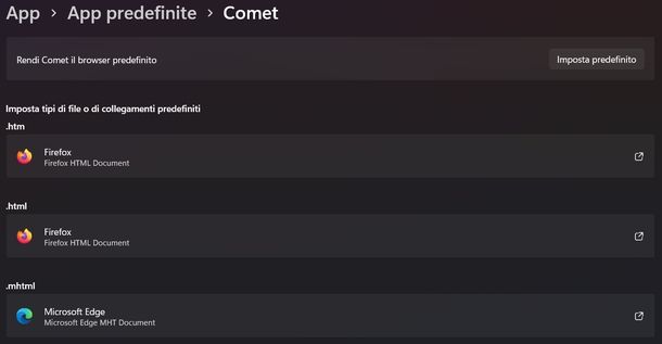 Impostare Comet come browser predefinito Windows