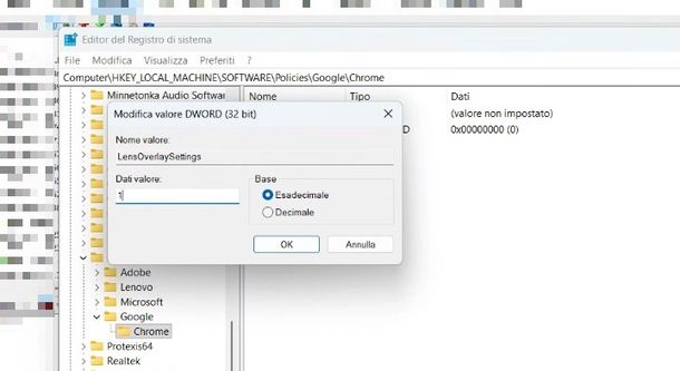 registro di sistema disattivare Lens Chrome PC
