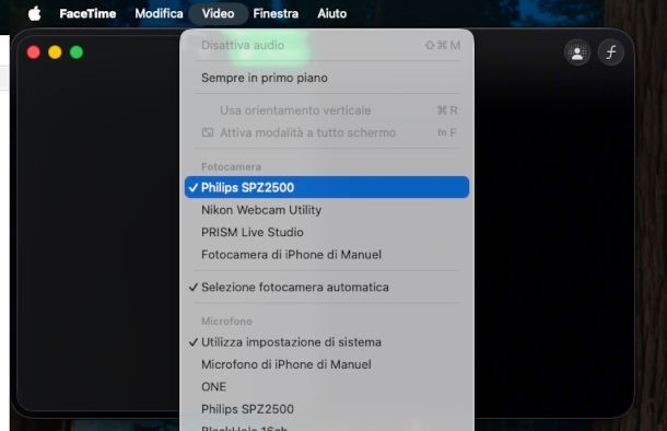 selezione webcam su app FaceTime nel Mac
