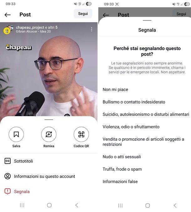 segnalazione su instagram
