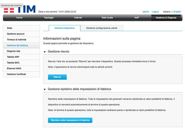 Riavviare o resettare TIM HUB