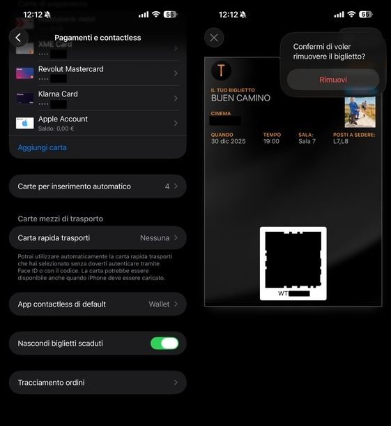 Rimuovere biglietti app Wallet iPhone